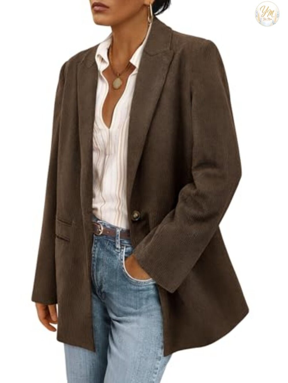 Corduroy Blazer Jacket for Women Long Sleeve Notch Collar Button Front with